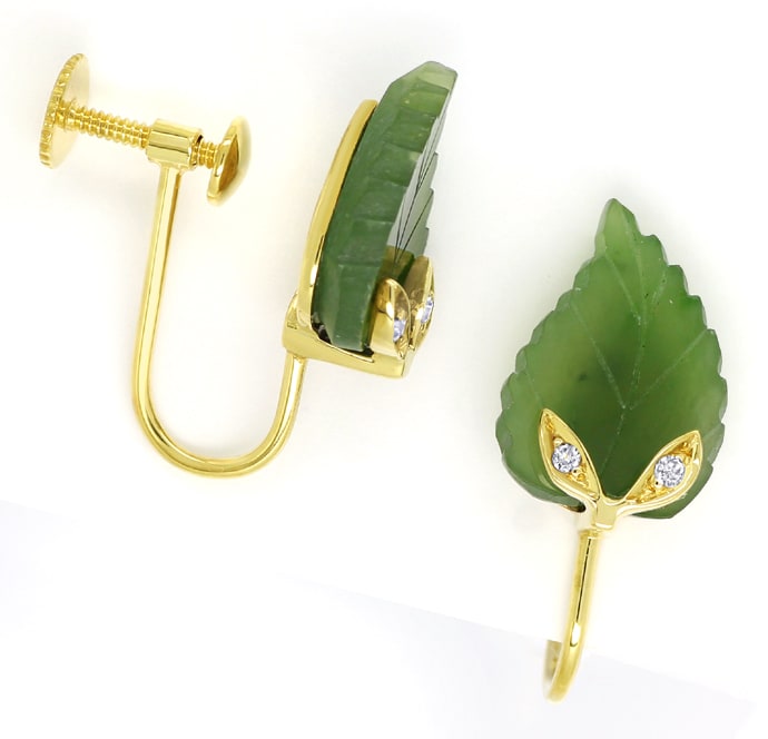 Foto 1 - Ohrringe mit grünen Blättern und Diamanten 14K Gelbgold, R9914