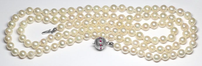 Foto 1 - Lange Akoya Perlenkette mit Rubin Weißgold Schloss 14K, S3492